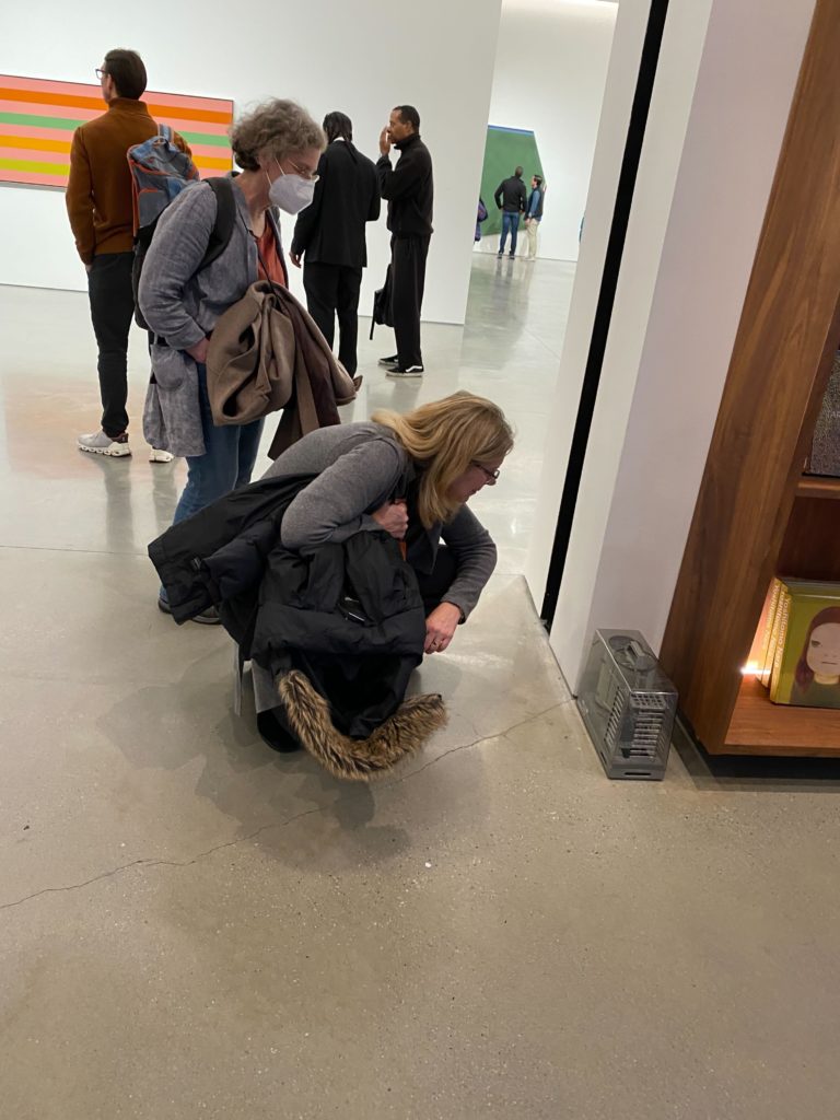Two women at an art gallery ignoring the art and inspecting an environmental monitor.